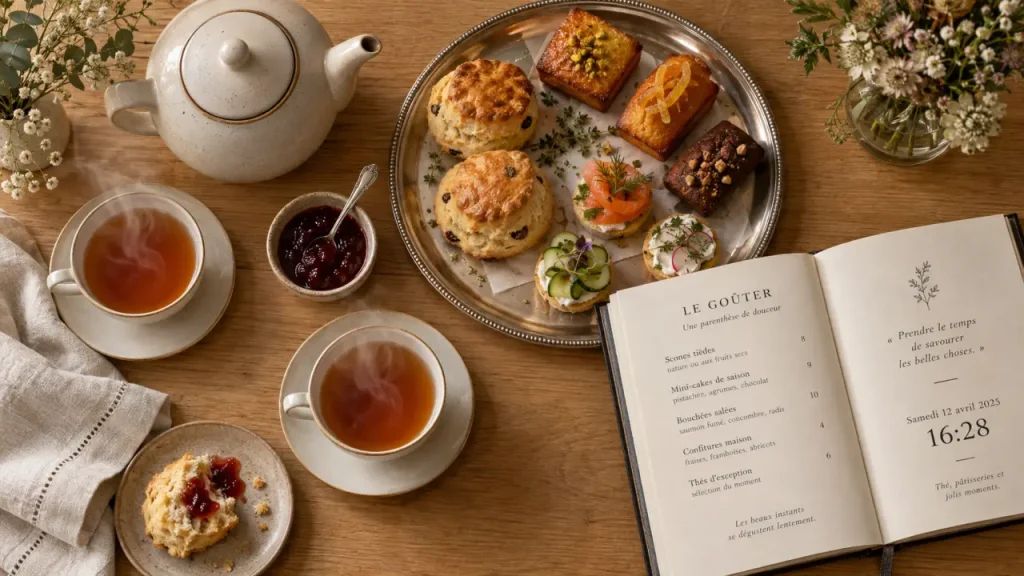 Goûter à Paris : théière, tasses et scones sur plateau