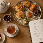Goûter à Paris : théière, tasses et scones sur plateau